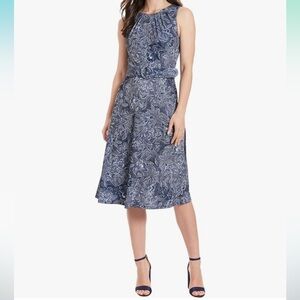 London Times Pleated Keyhole Neckline Belted Midi Dress new in poly size…